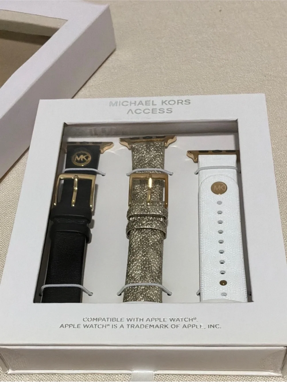 Michael Kors Three-Pack Watch Straps in Black, Gold and White